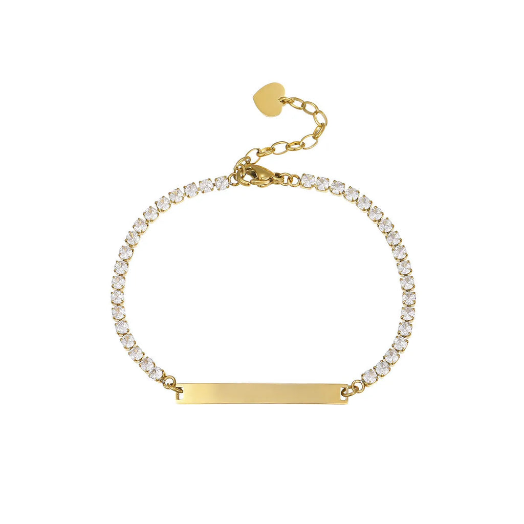 18K gold finish stainless steel diamond-embedded lettering bracelet with adjustable chain, geometry shape