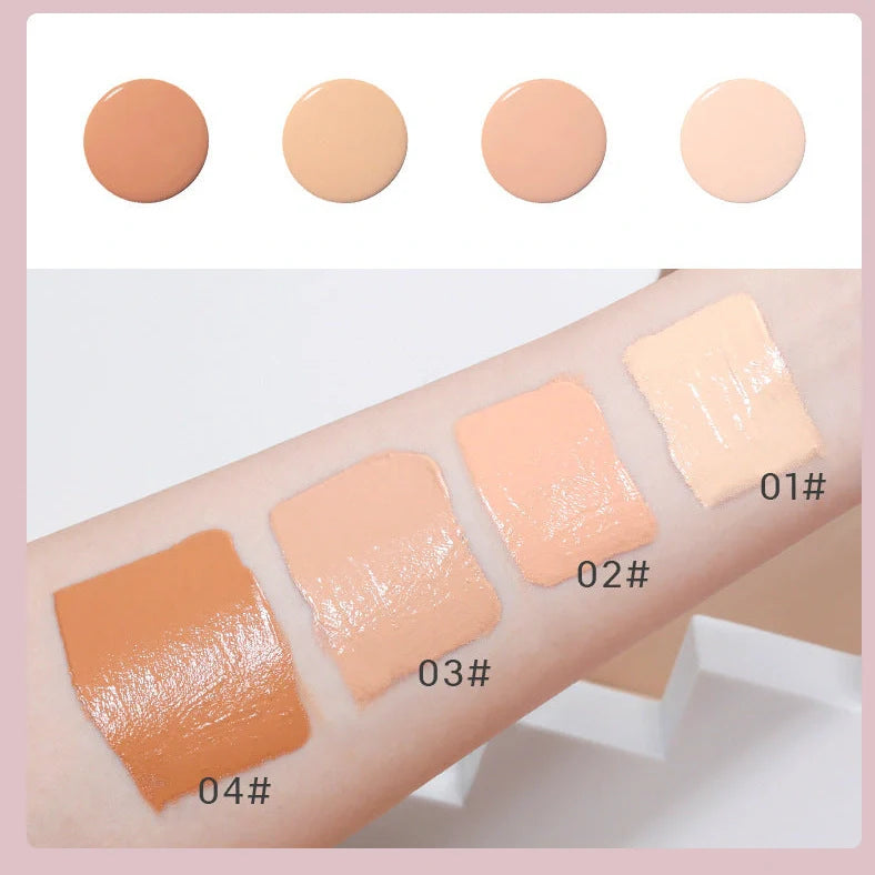 4-colour foundation cream compact with built-in sponge and small spoon applicator