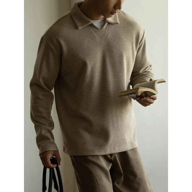 Men's woolen drop-shoulder V-neck polo shirt in khaki, long sleeves, casual fit