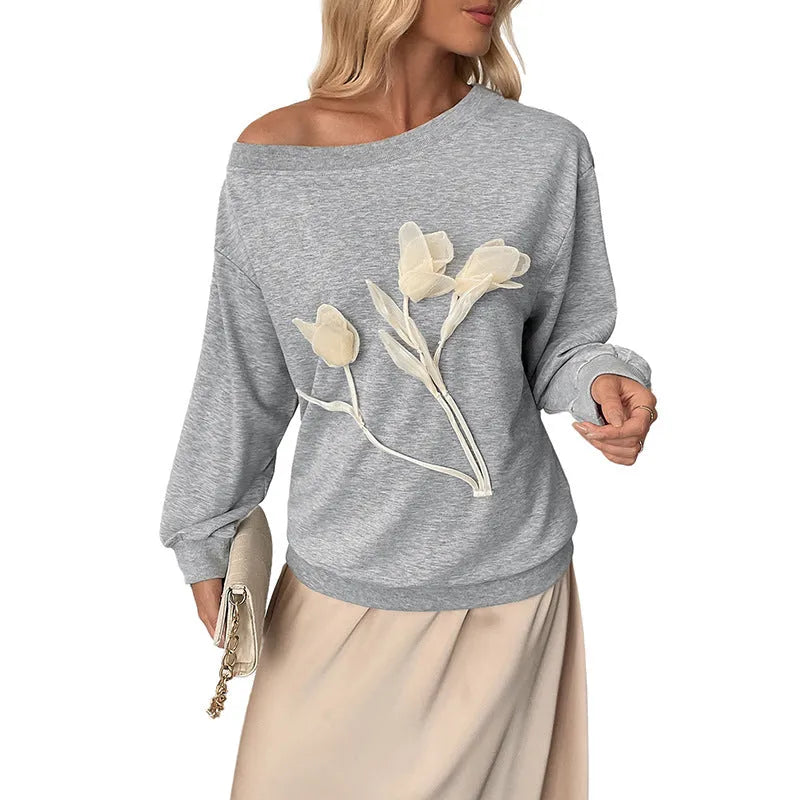 Women's gray 3D flower long sleeve off-shoulder top on model, sweater design, Asian sizing S to XL