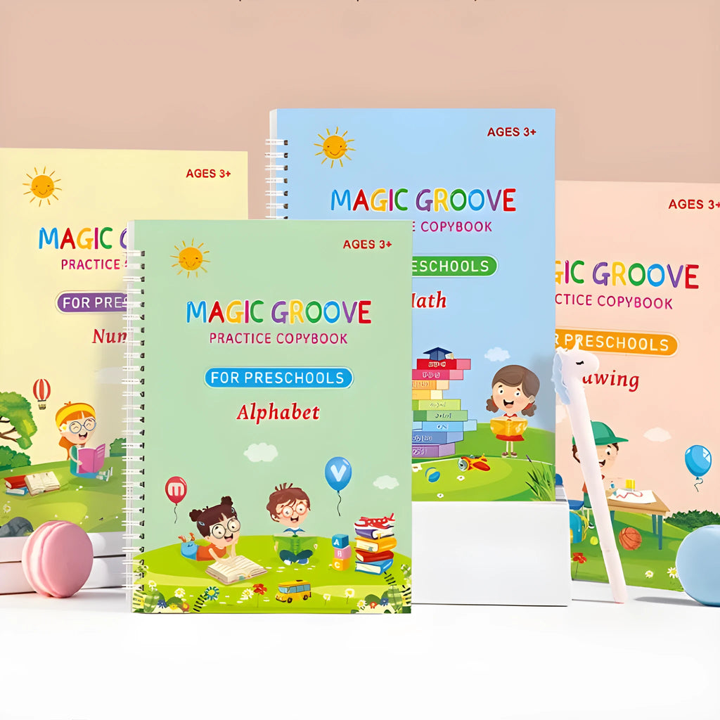 English children's groove magic practice copybook with notched post design and included pen