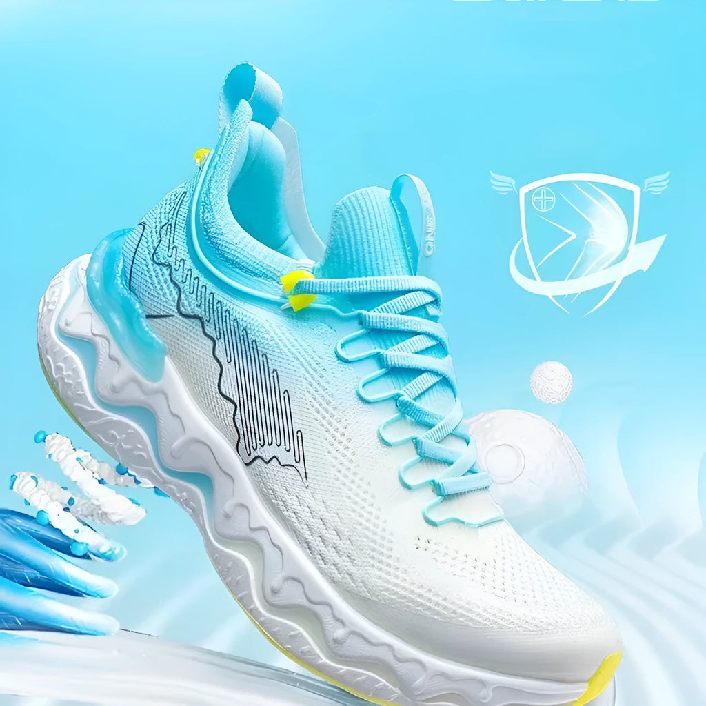 Women's cushioned running shoes with thick rubber sole in a selection of colours.