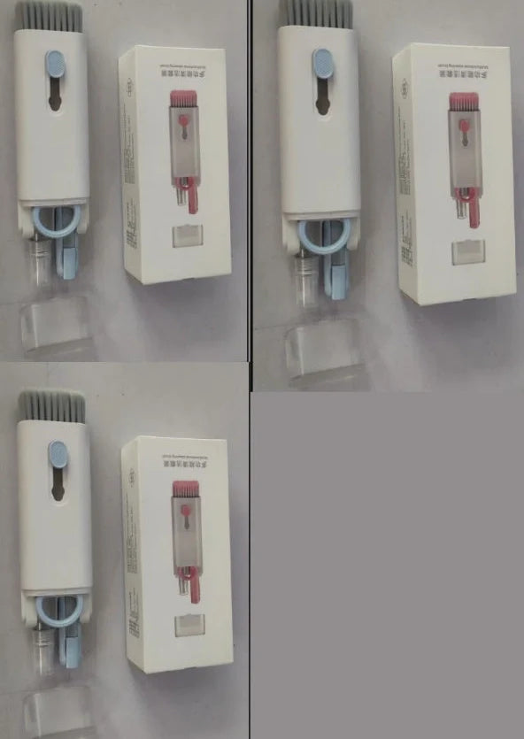 Pink and blue computer cleaning pen set with brush, keycap tool, and empty spray bottle