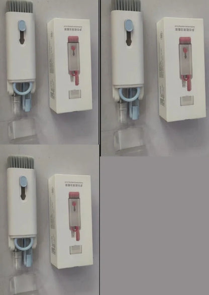 Pink and blue computer cleaning pen set with brush, keycap tool, and empty spray bottle