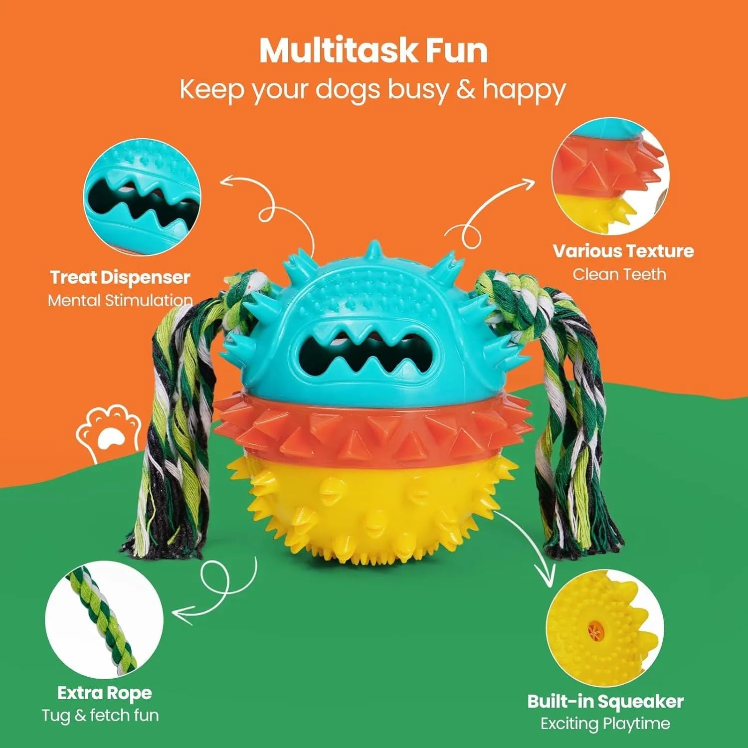 Blue and red ball-shaped dog chew toy with rope and treat hole for aggressive chewers.