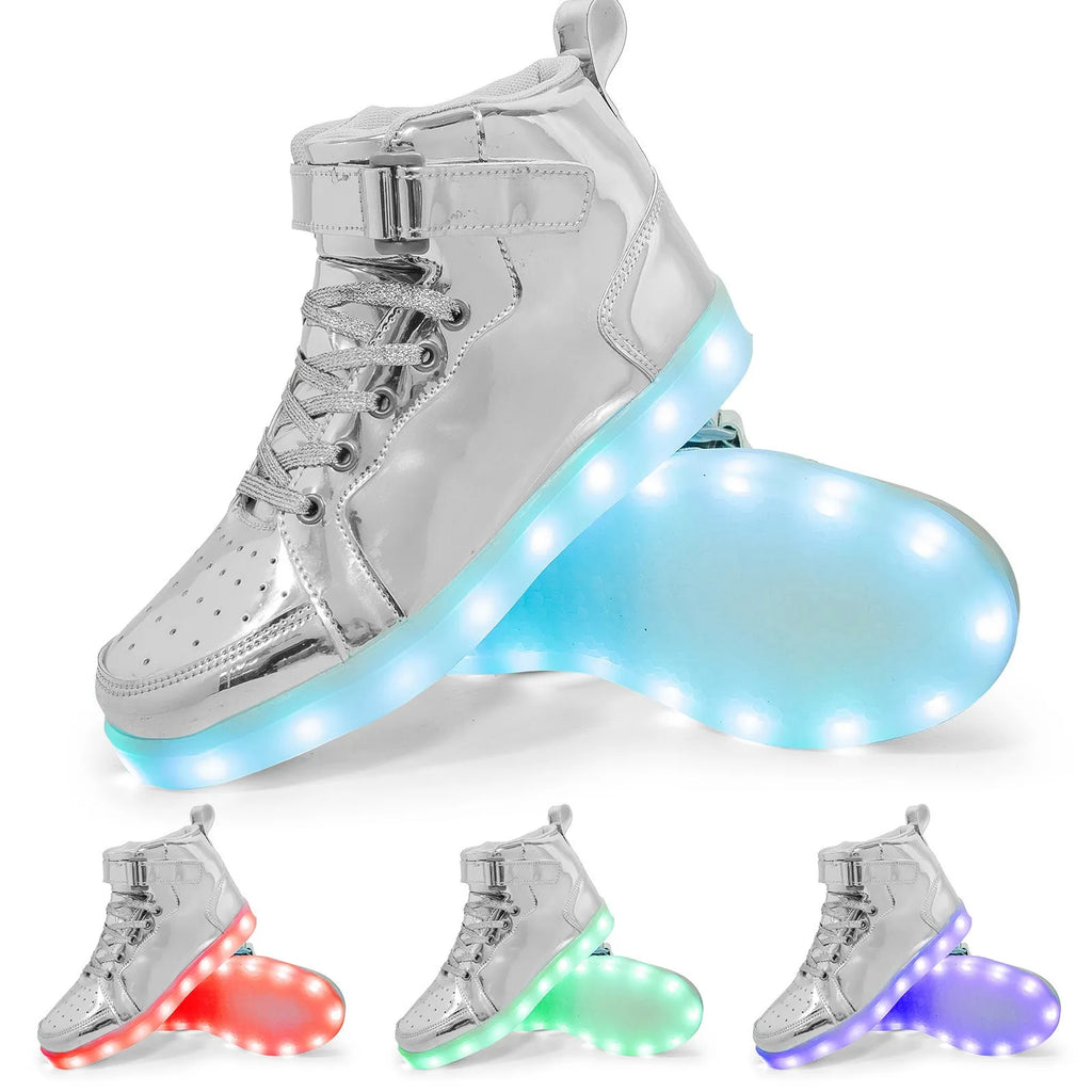 LED light-up high-top board shoes with Velcro strap in black, gold, or white on rubber sole