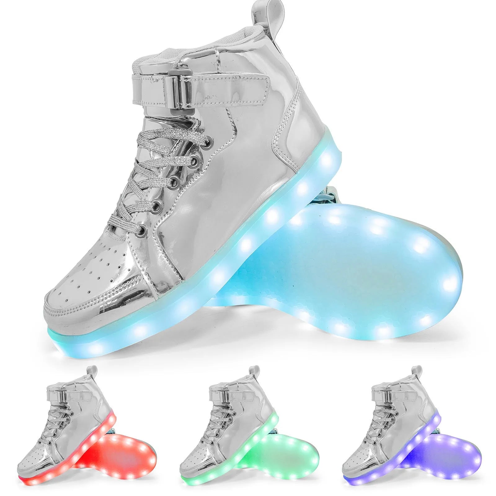 LED light-up high-top board shoes with Velcro strap in black, gold, or white on rubber sole
