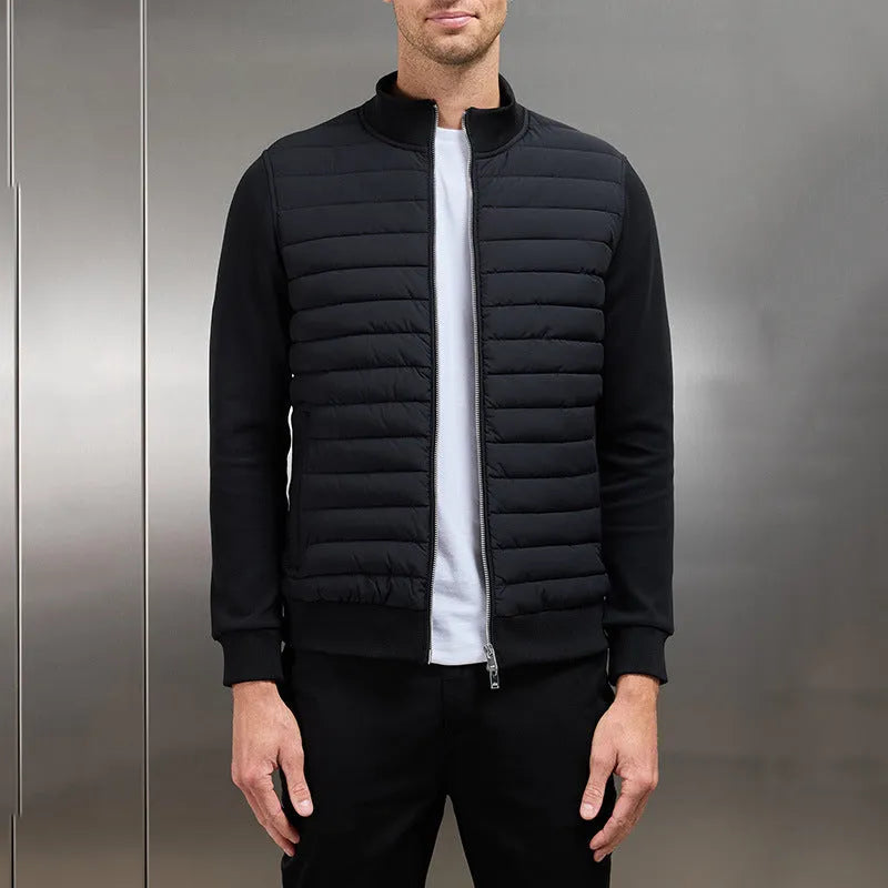 Men's lightweight stand collar coat in solid colour, knitted cotton blend fabric, with topstitching pockets