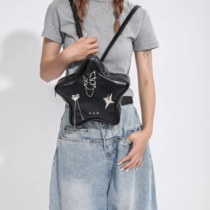 Black street trend chain backpack with metal butterfly love pendant and three-dimensional pockets
