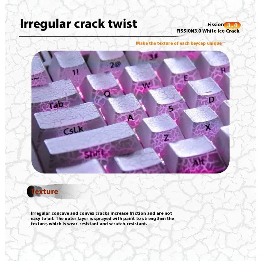 White fission side carving transparent PC replacement keycap for mechanical keyboards.