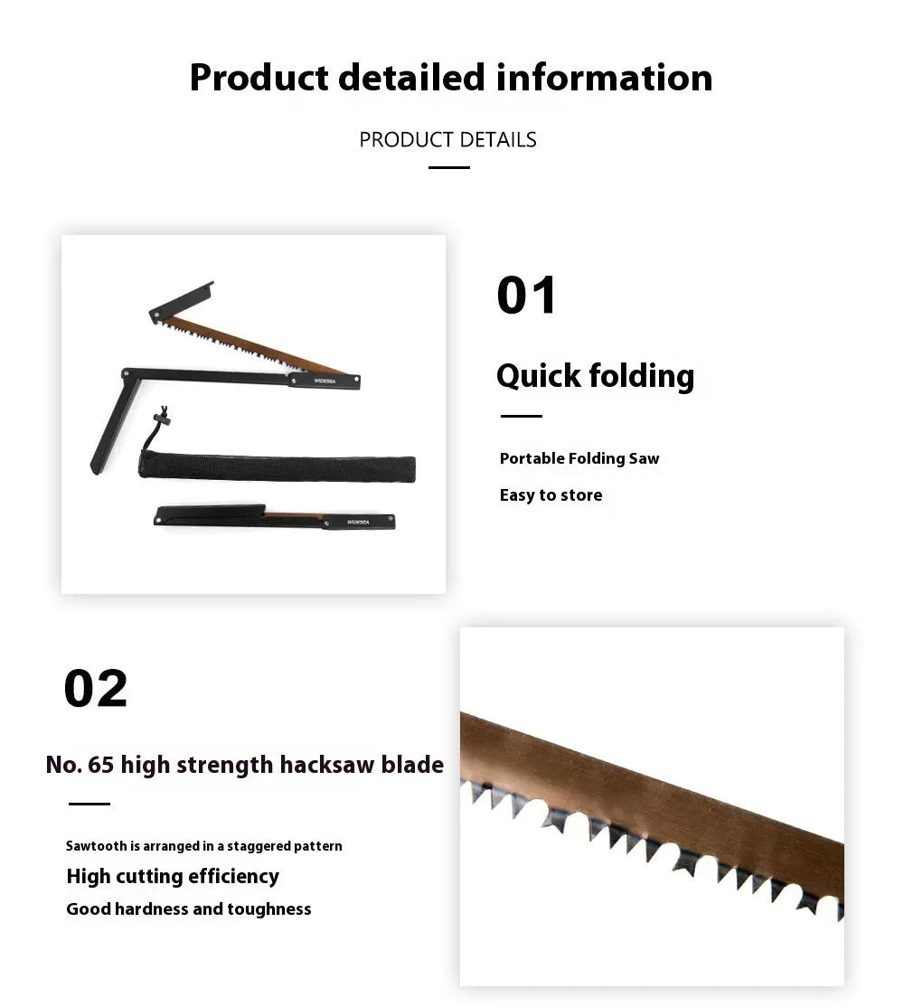 Black outdoor foldable saw with aluminium and nylon handle shown in open cutting position