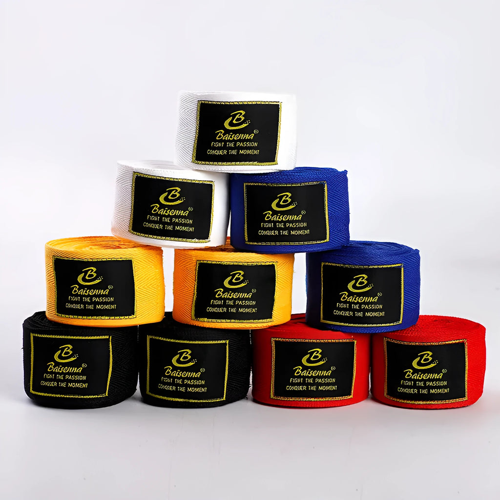 Elastic polyester boxing bandage double pack in black, blue, red, white, yellow, lengths 1.5m to 5m