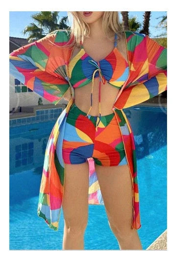 3-piece Pring bikini set with long sleeve cardigan in floral pattern for summer beach outings