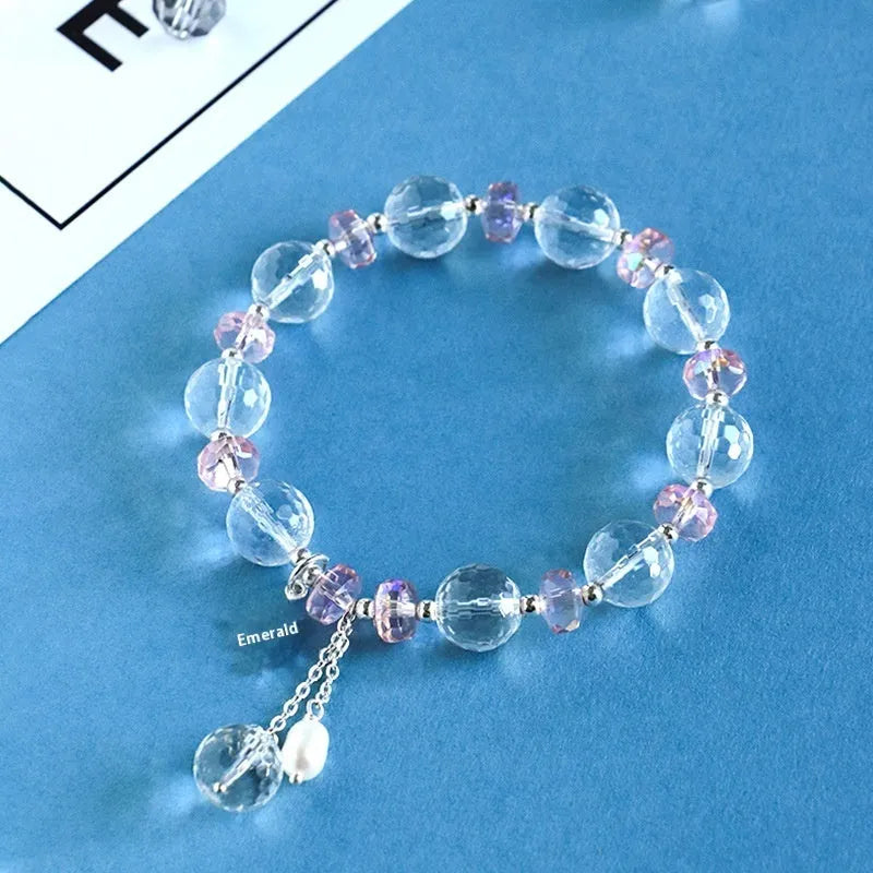 Women's white crystal bracelet with Korean-style design, electroplated finish, and lucky cat charm