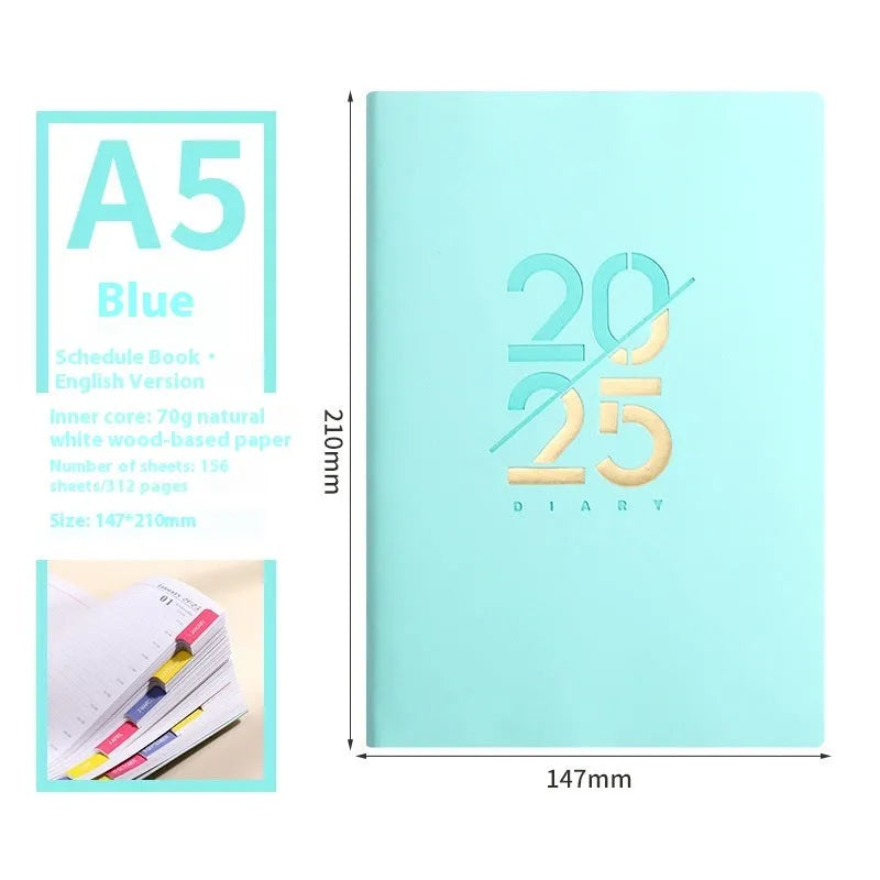 A5 2025 daily planner with soft faux leather cover in blue, green, pink, purple, or yellow.