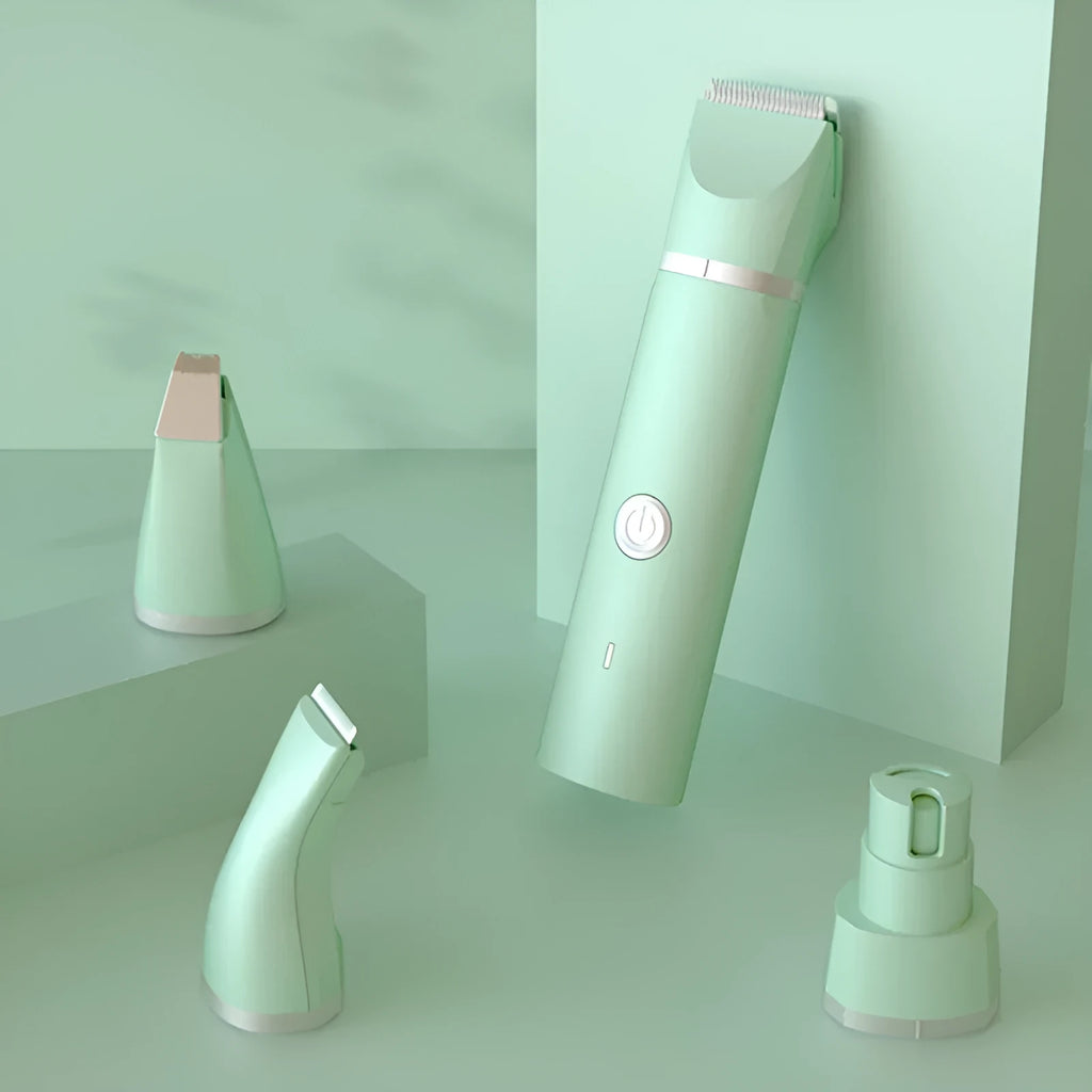 ABS dog grooming shaver with four limit combs, USB cable, and lubricating oil in mint green colour