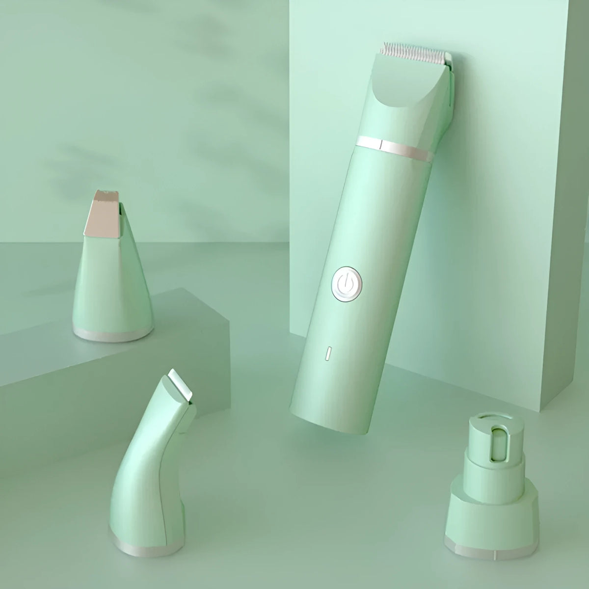 ABS dog grooming shaver with four limit combs, USB cable, and lubricating oil in mint green colour