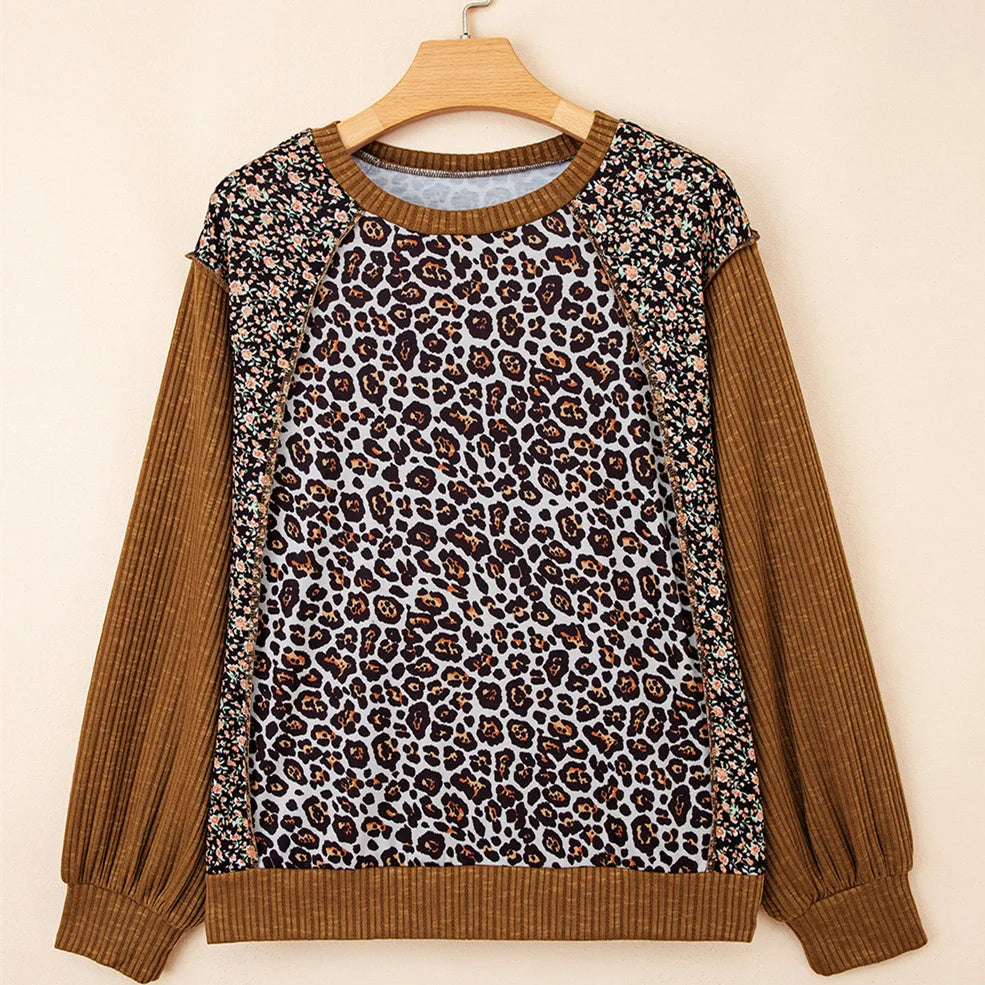 Women's brown leopard print loose fit sweater with long sleeves and hollow knit construction
