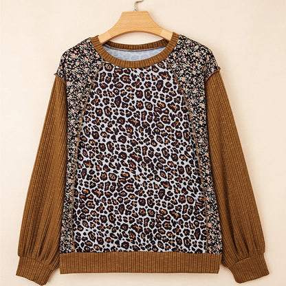 Women's brown leopard print loose fit sweater with long sleeves and hollow knit construction
