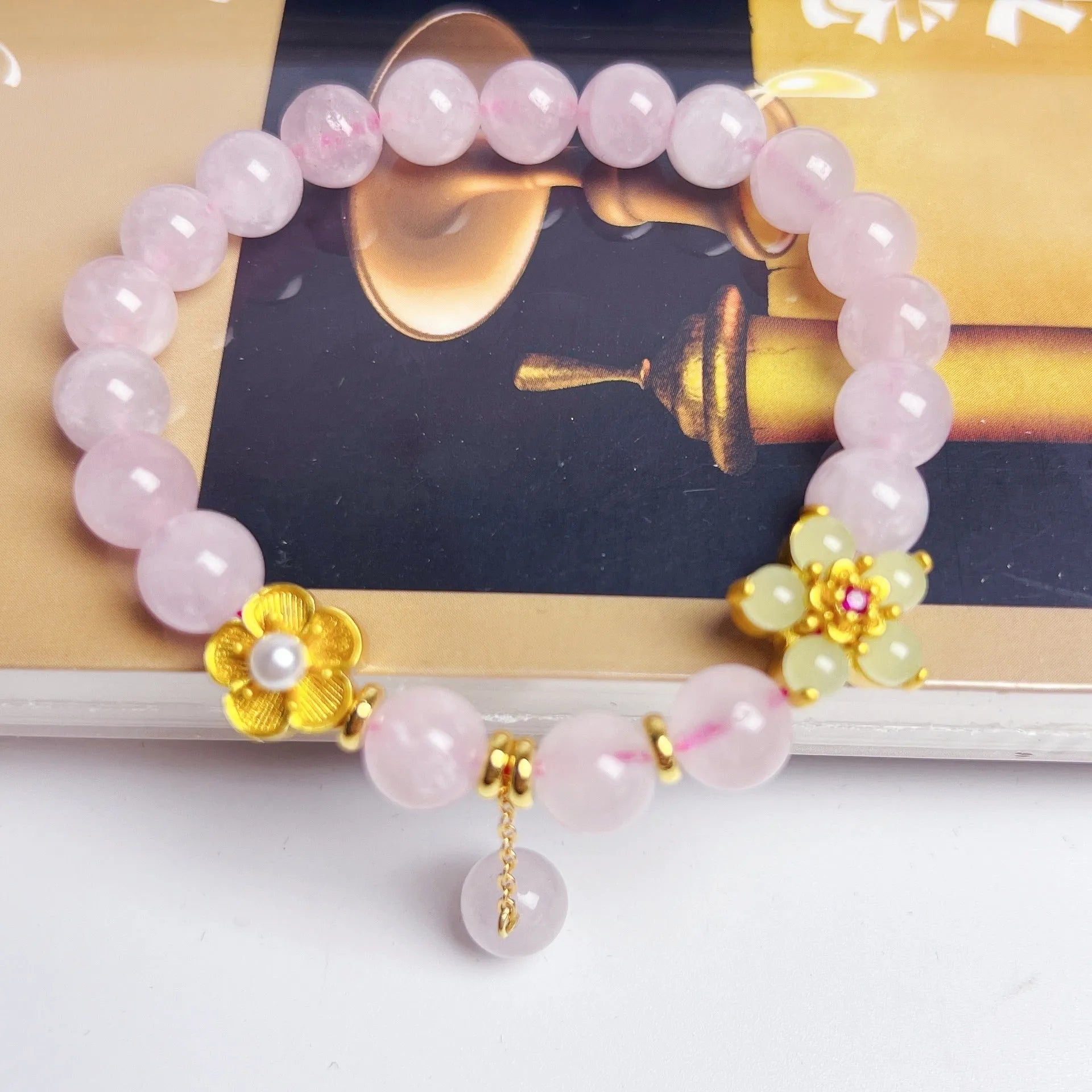 Pink crystal peach blossom bracelet for women with handcrafted design
