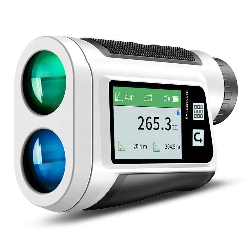 Black and white golf laser rangefinder with touch screen display showing distance measurement