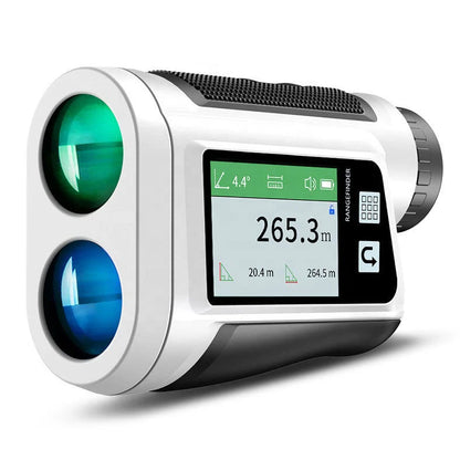 Black and white golf laser rangefinder with touch screen display showing distance measurement