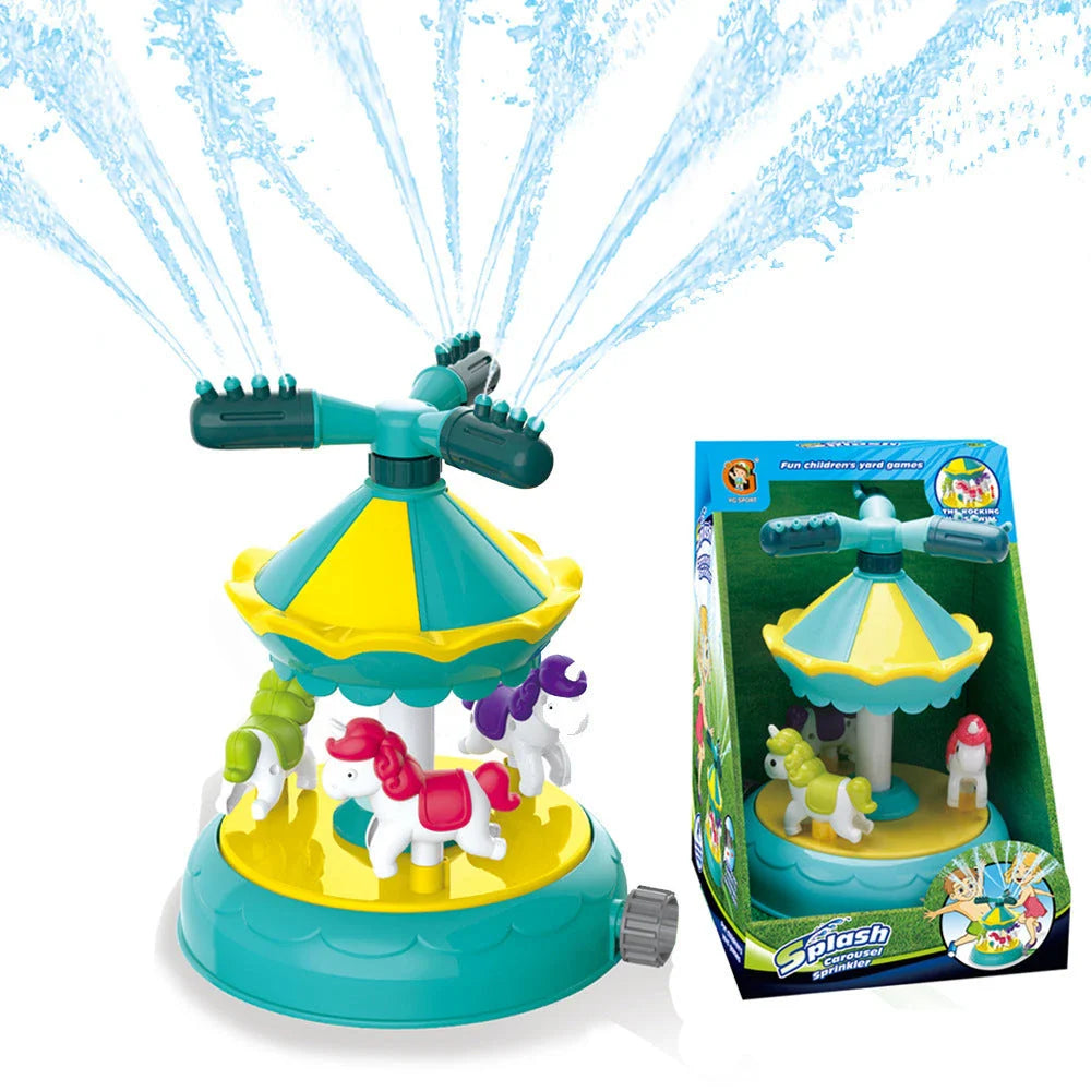 Colorful outdoor sprinkler toy with various water spray designs for backyard summer fun