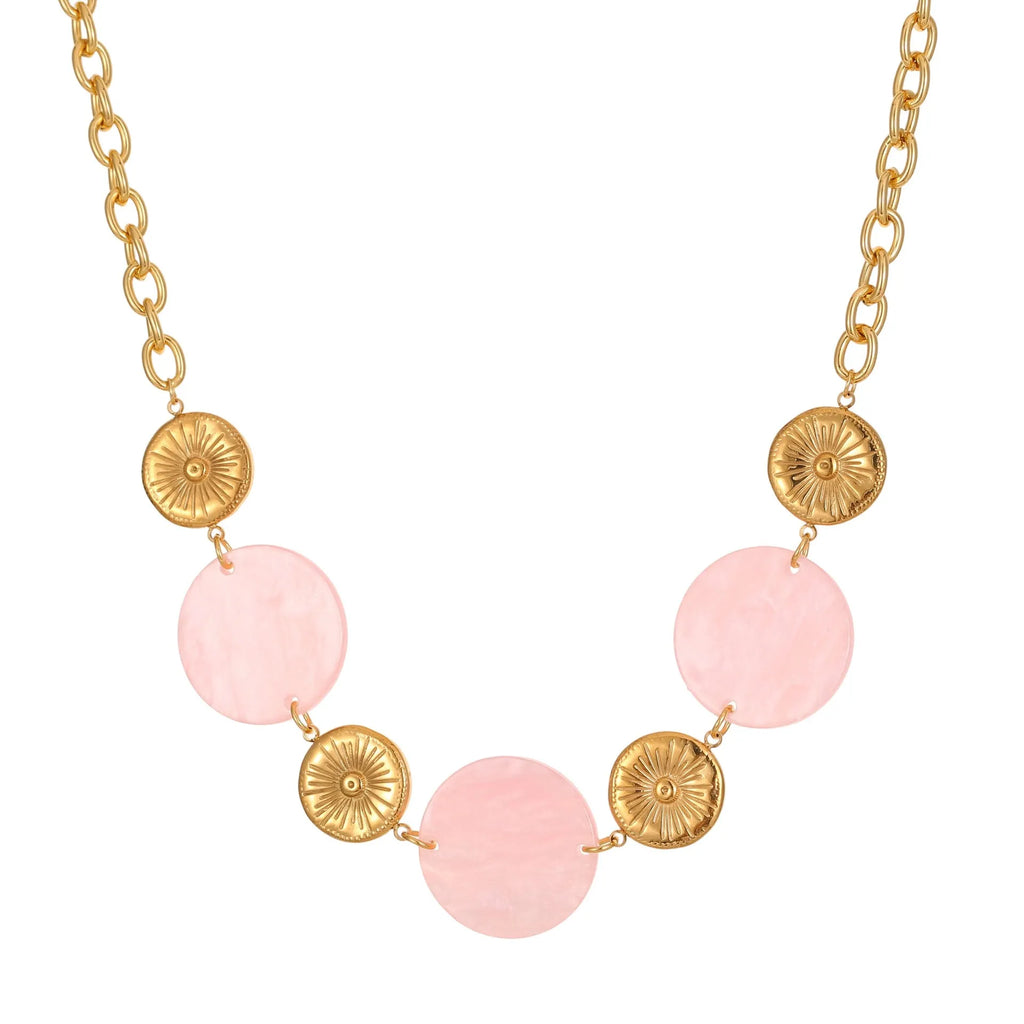 Round acrylic disc pendant necklace on stainless steel chain, pink colour, adjustable 41-50cm, women's fashion OL style