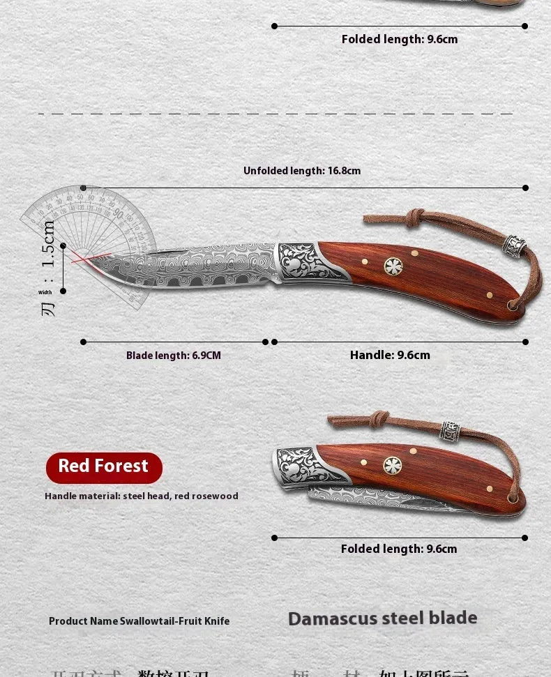 VG10 stainless steel folding knife with national style design in blue or red colour options