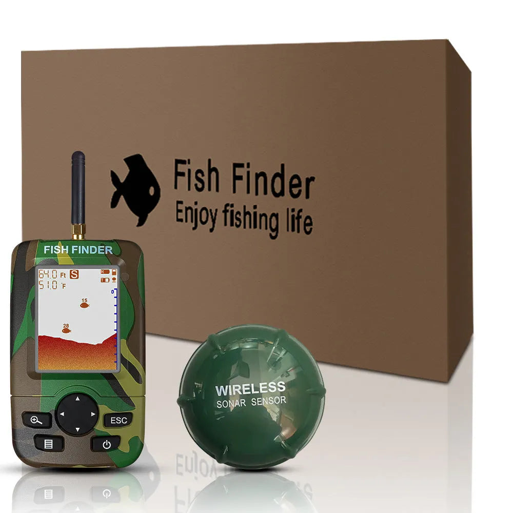 Smart wireless fish finder with 0.6-73m depth range and English interface in camouflage style
