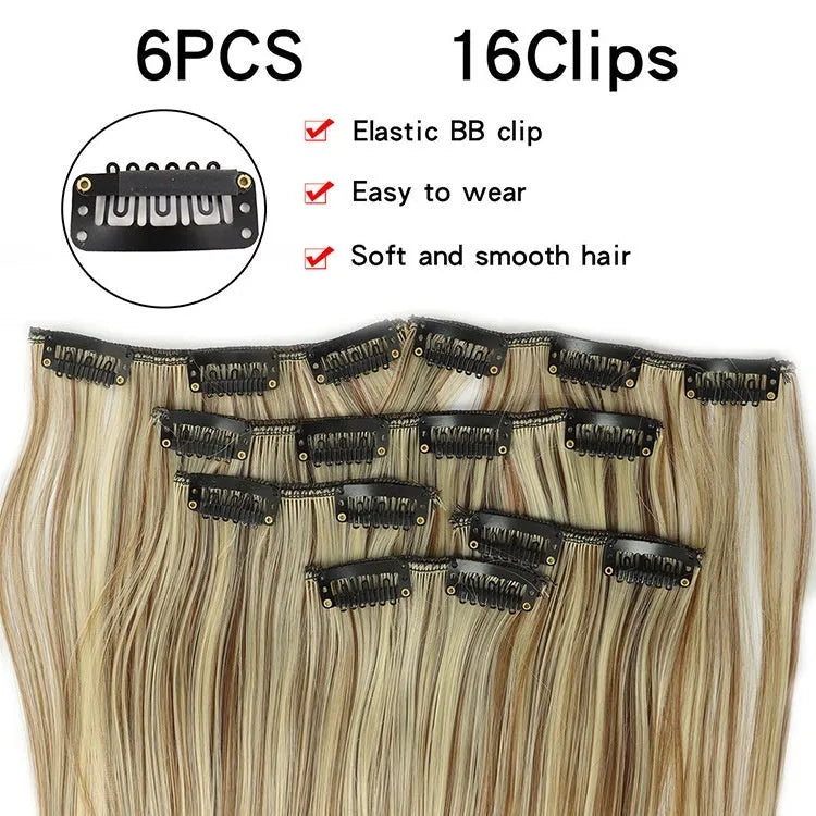 Long straight hair wig extensions 6-piece set 60cm high temperature fibre non-hot dye