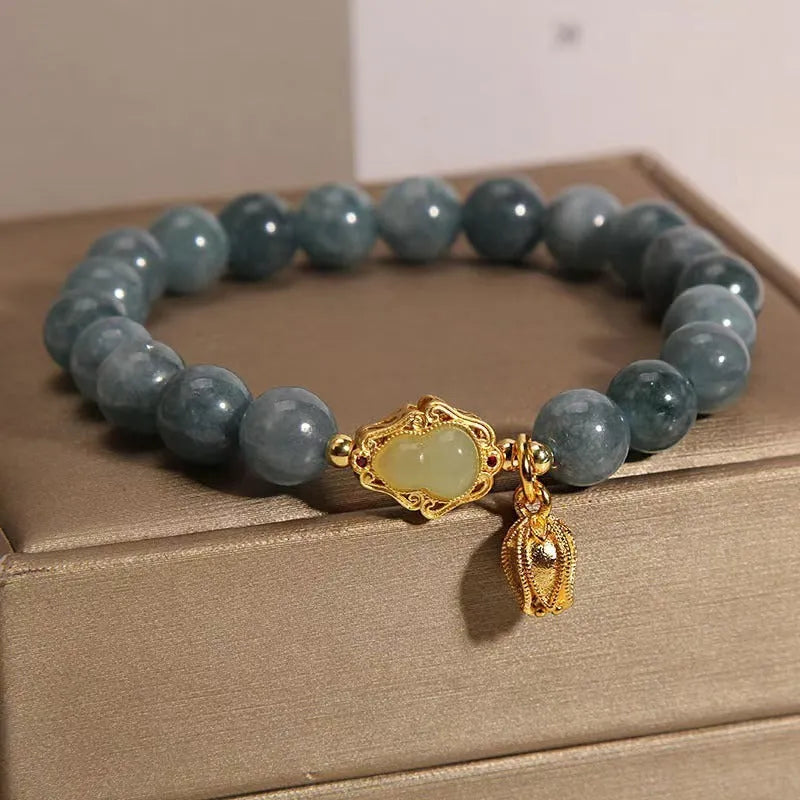 Sky blue natural stone bracelet for women with a gourd lotus pendant and flower-shaped beads