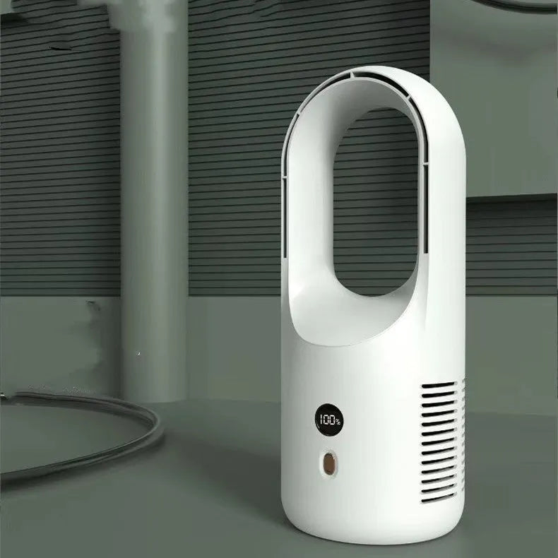 A compact white bladeless desk fan with an LED display, showing its dimensions and safe, blade-free air outlet.