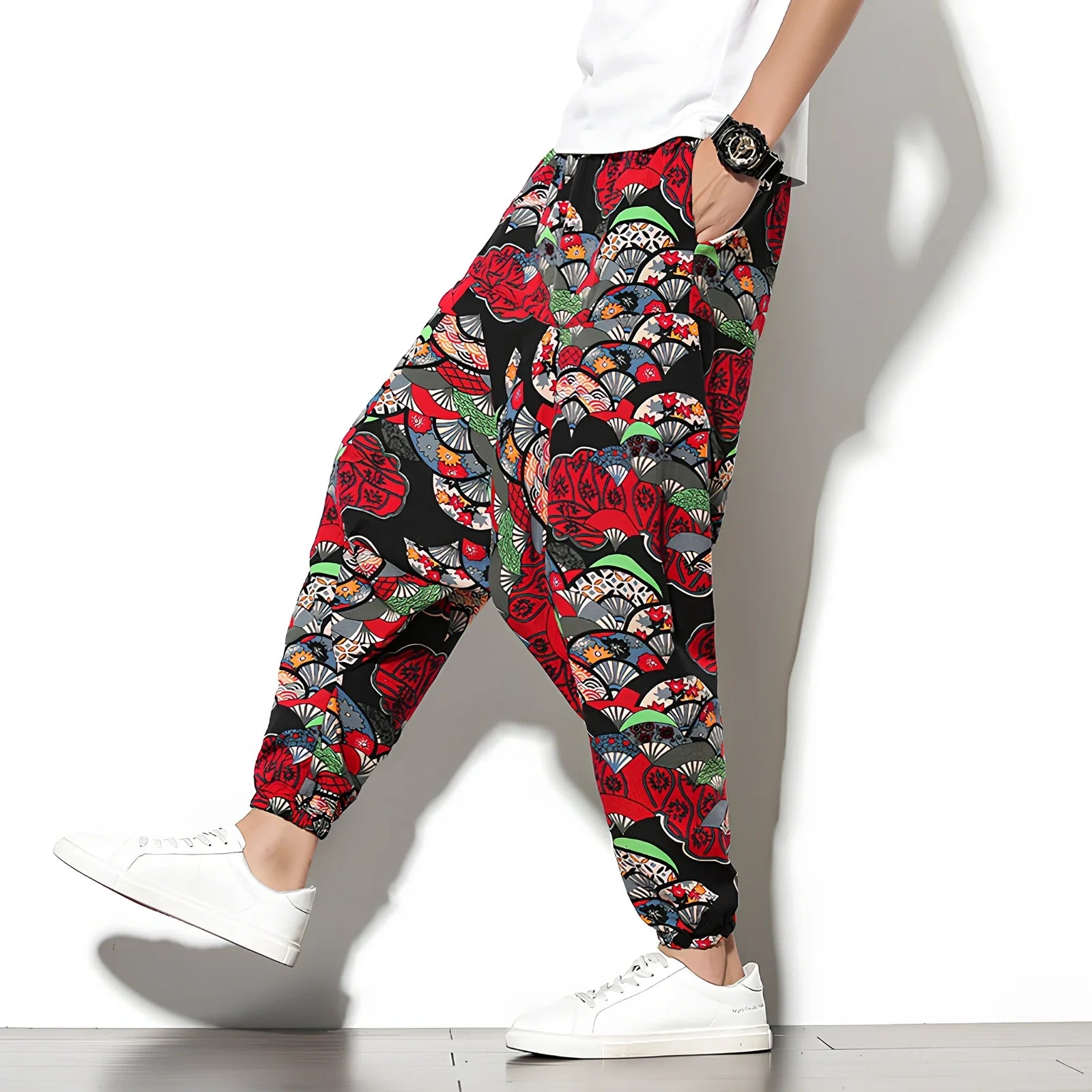 Summer bohemian loose wide-leg cotton trousers in Tibetan blue elephant flower print, mid-waist nine-point length 70-82cm, sizes M-5XL