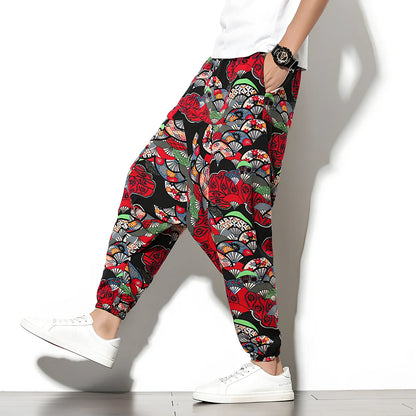 Summer bohemian loose wide-leg cotton trousers in Tibetan blue elephant flower print, mid-waist nine-point length 70-82cm, sizes M-5XL