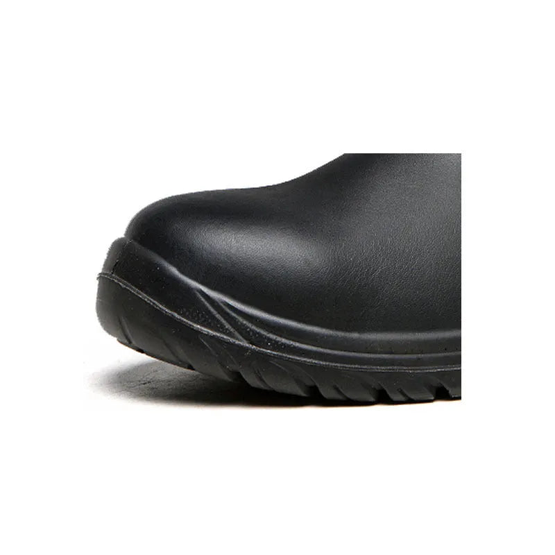 Black high-top leather safety work boots with anti-piercing sole on a grey background.