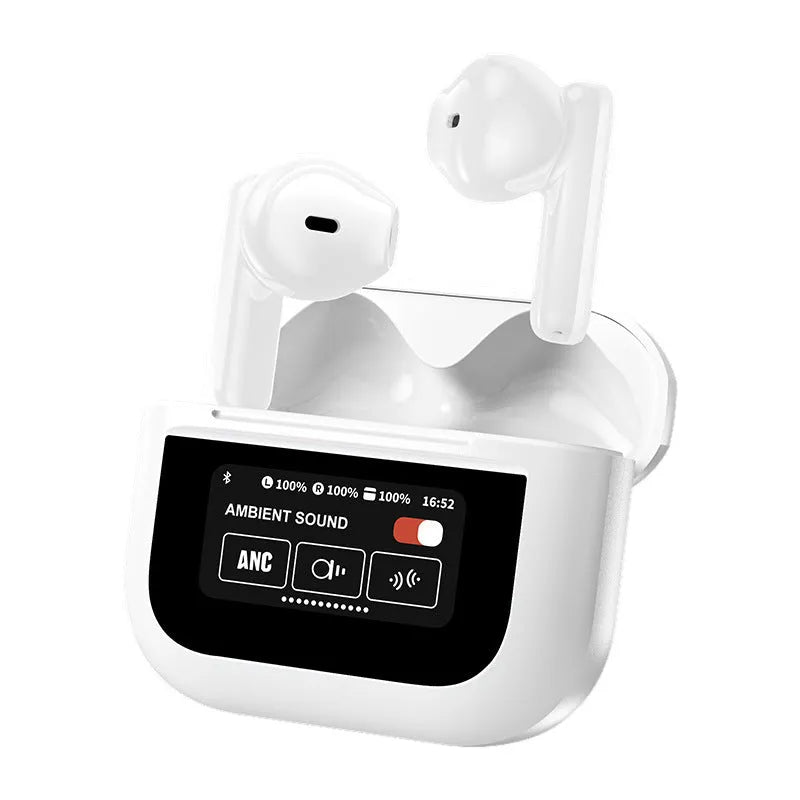 YX28 Bluetooth headset with full-colour touch screen LCD display in black or white colour with ear hook design