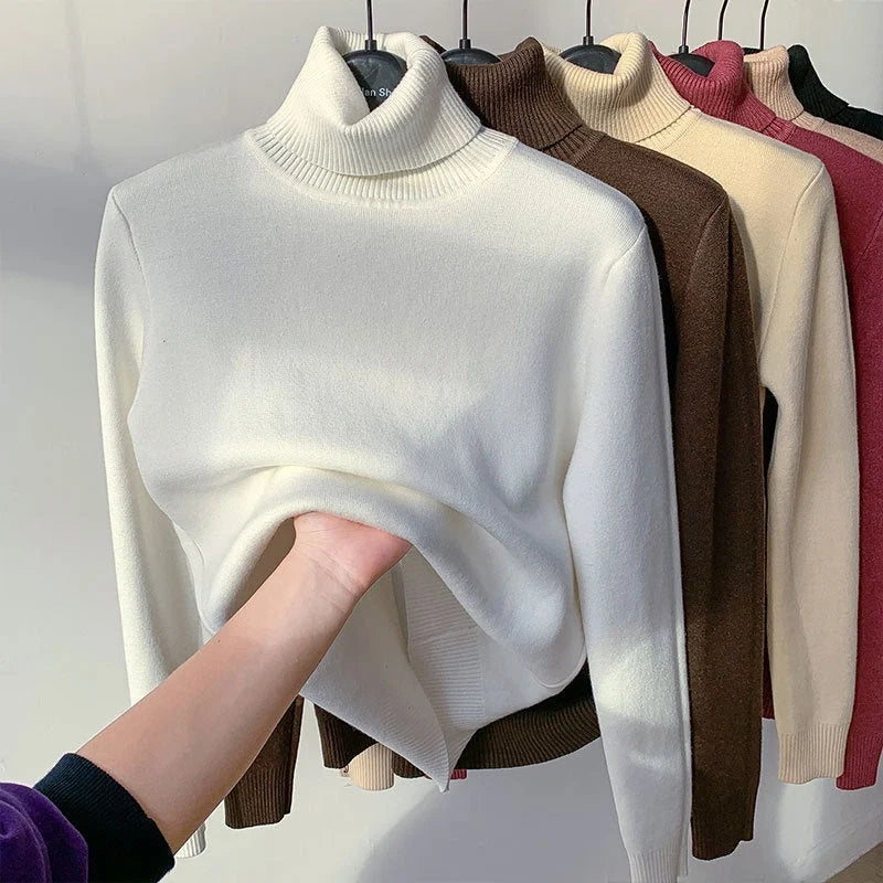 Women's turtle neck winter sweater in various colours, showcasing plush thickening and slim fit