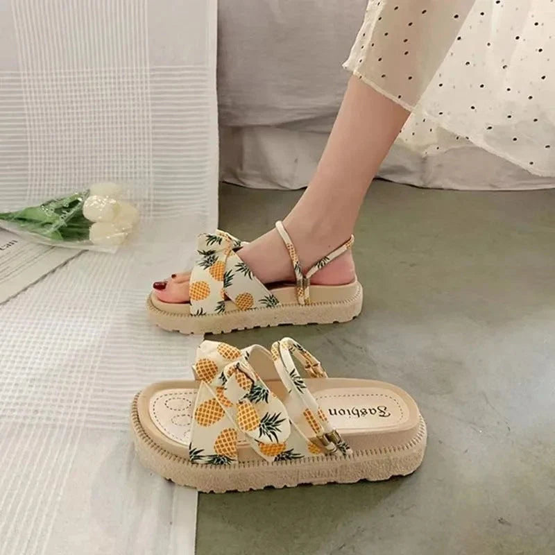 Women's Two Wear Flat Platform Sandals in green, beige, and black with 4.5cm heel