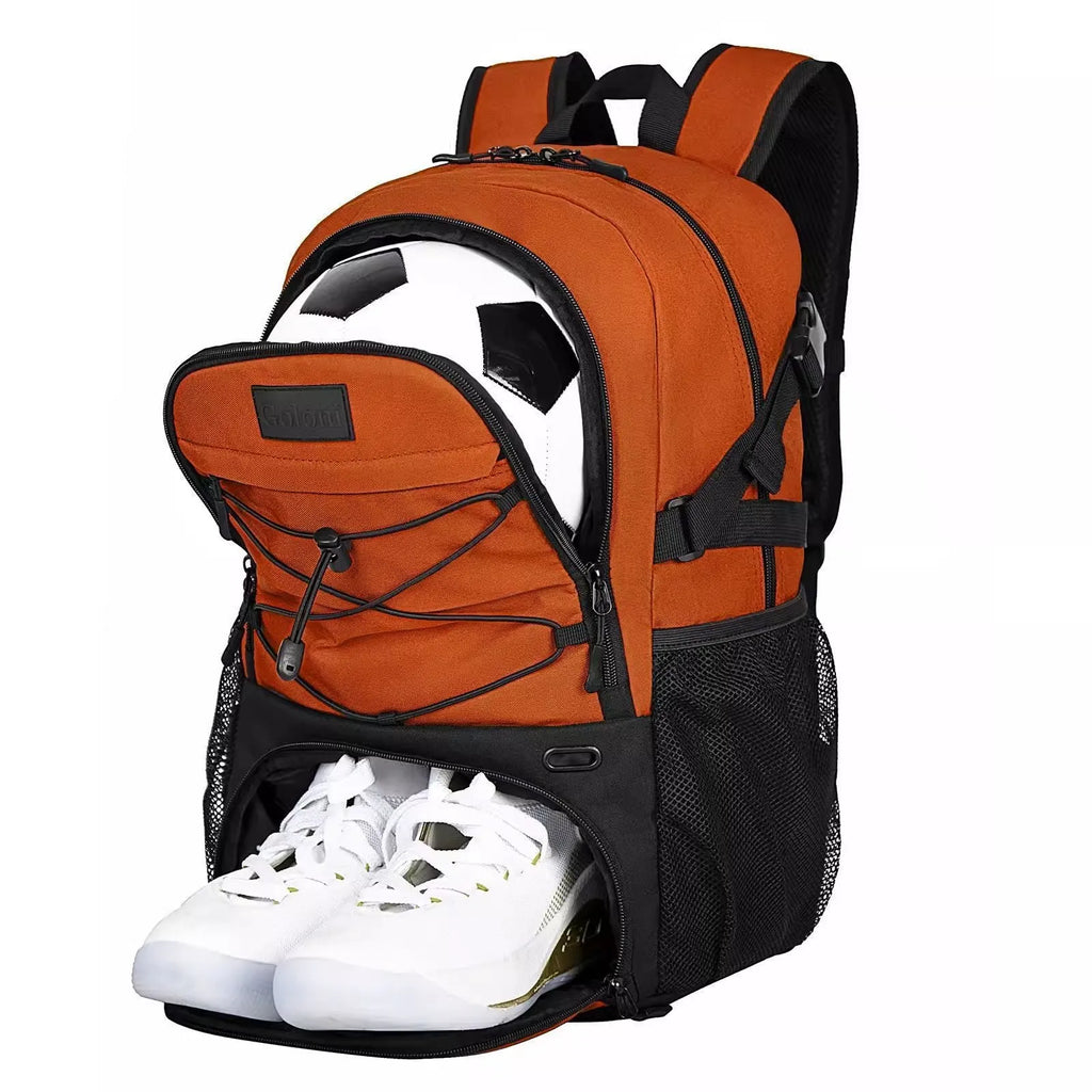 Oxford cloth basketball training backpack in black, showing 25-35L capacity for shoe storage