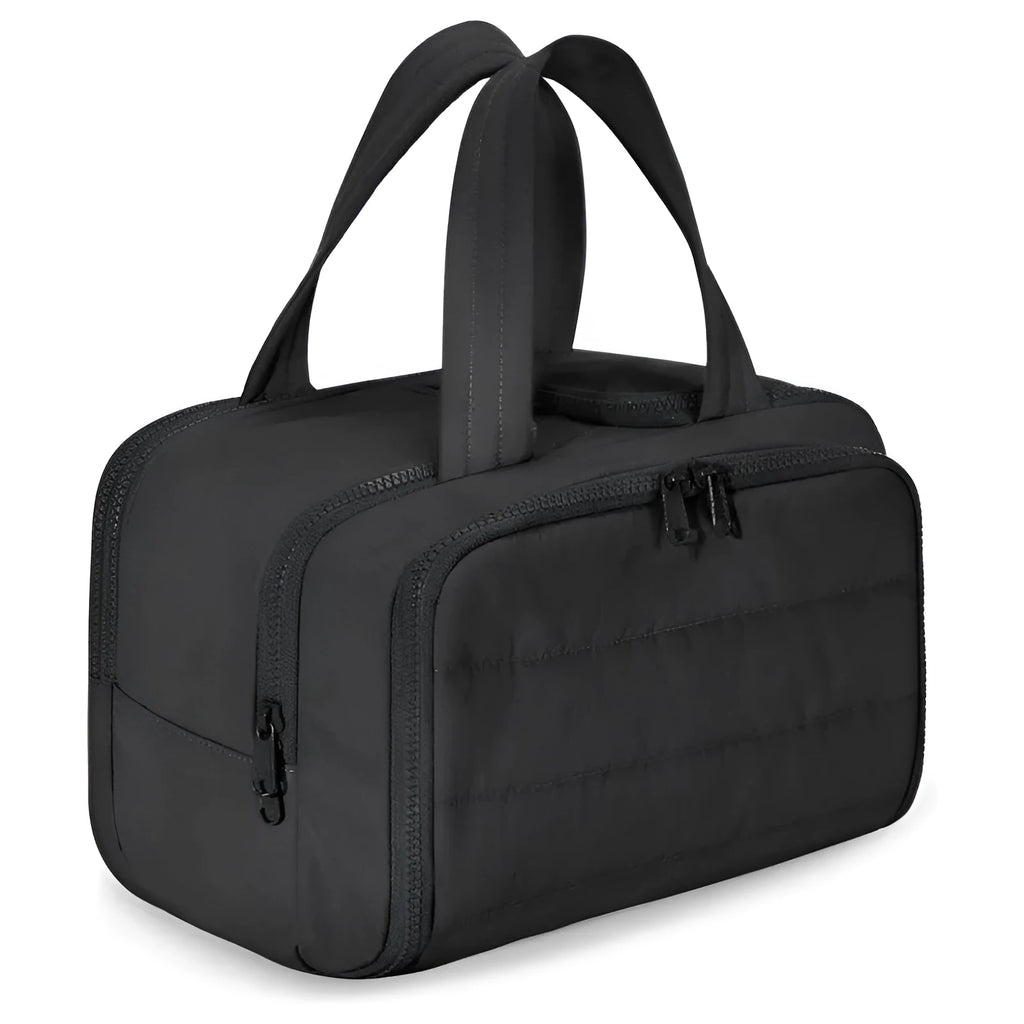 Large fluffy travel toiletry bag in creamy-white, shown wide open with dimensions 29.97 by 18.54 by 21.08 cm.