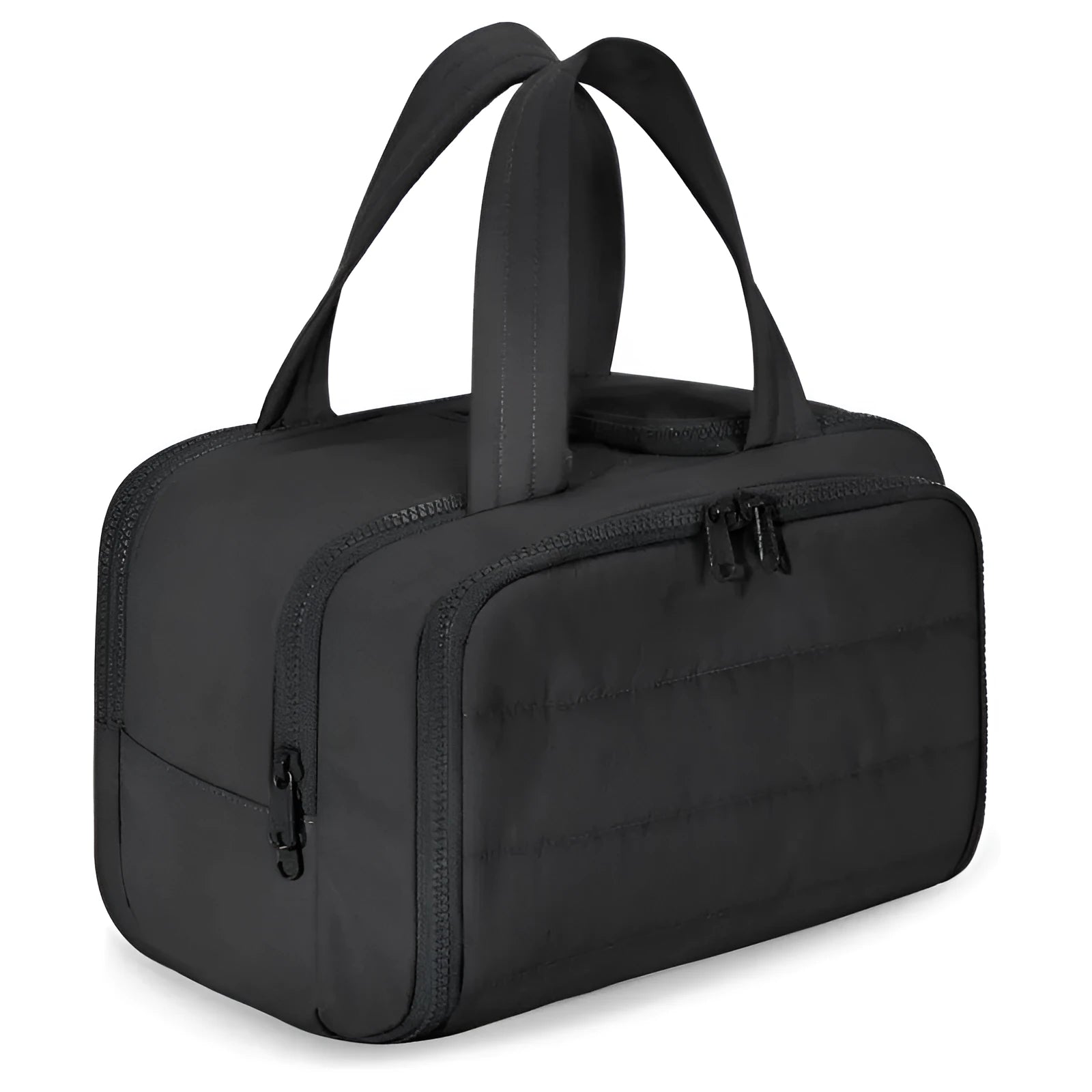 Large fluffy travel toiletry bag in creamy-white, shown wide open with dimensions 29.97 by 18.54 by 21.08 cm.