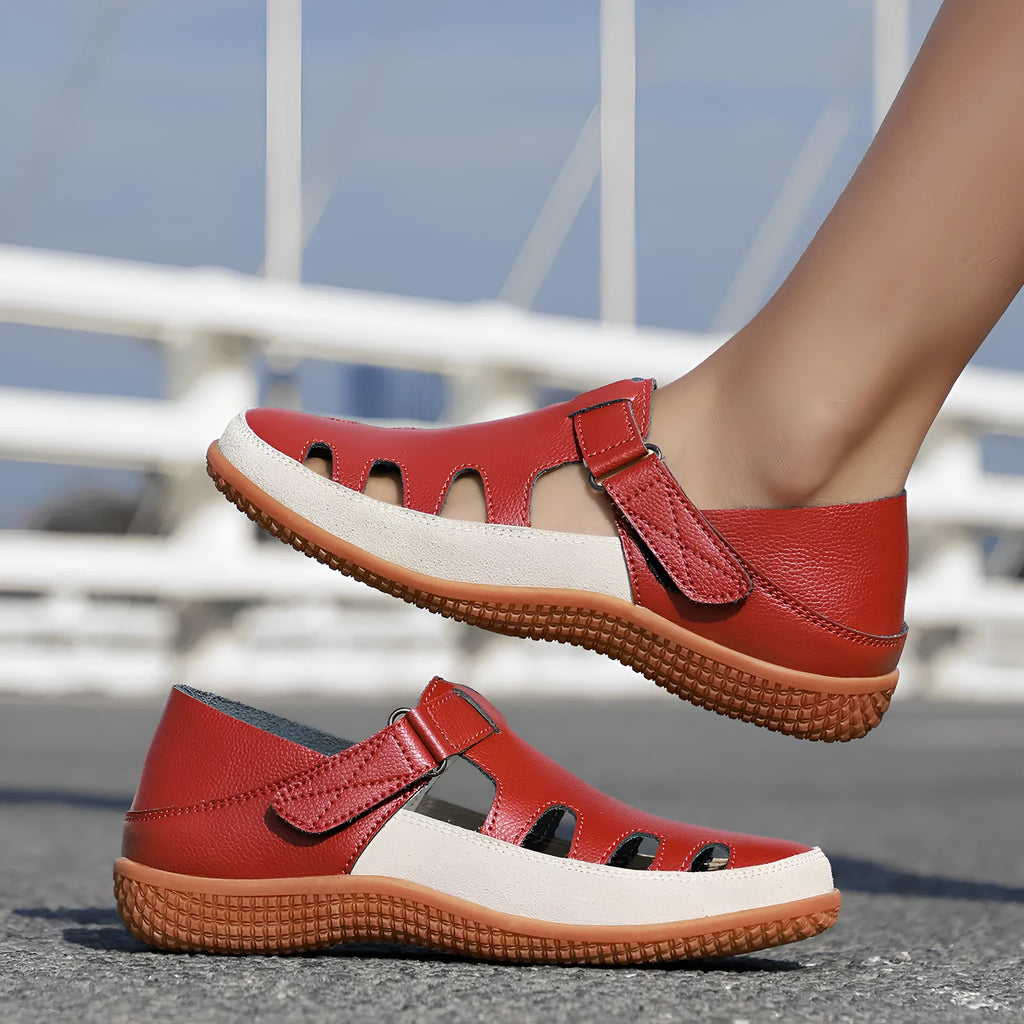 Women's plus size flat heel sandals with hollow-out design and toe cap in red colour