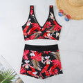 Women's two-piece swimsuit set showing sleeveless top and printed boxer-style briefs in a choice of colours.