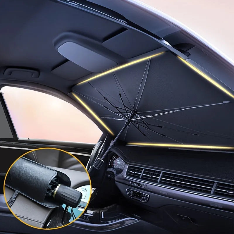 Foldable car windshield sunshade umbrella shown open and folded, with automatic rebound button.