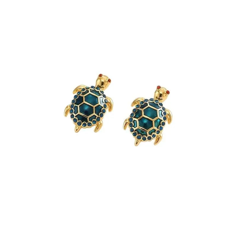 Turtle stud earrings retro design electroplated zinc alloy jewellery gold blue colour earrings for women