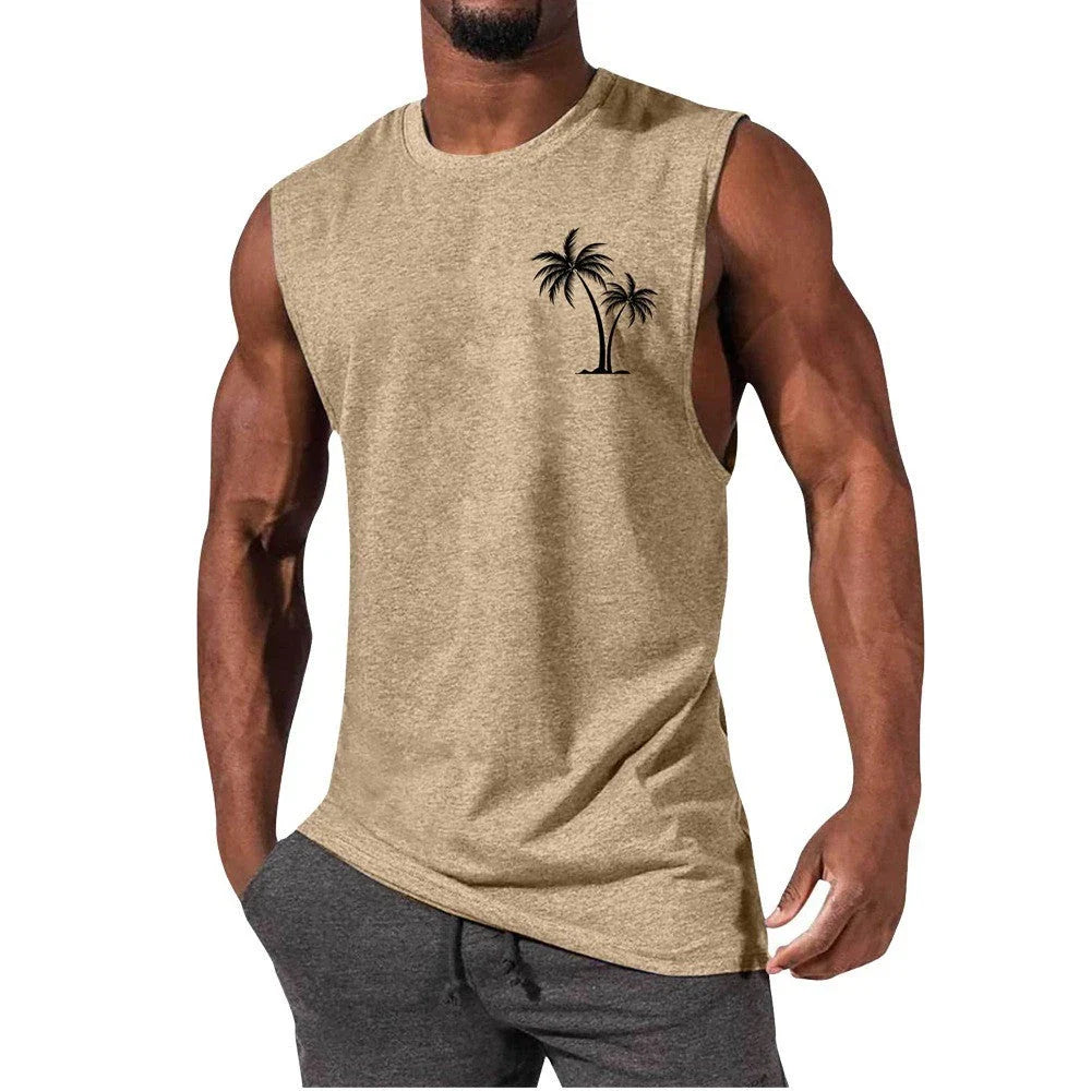 Tropical palm tree embroidered muscle tee in a variety of colors for an active, summer-inspired look