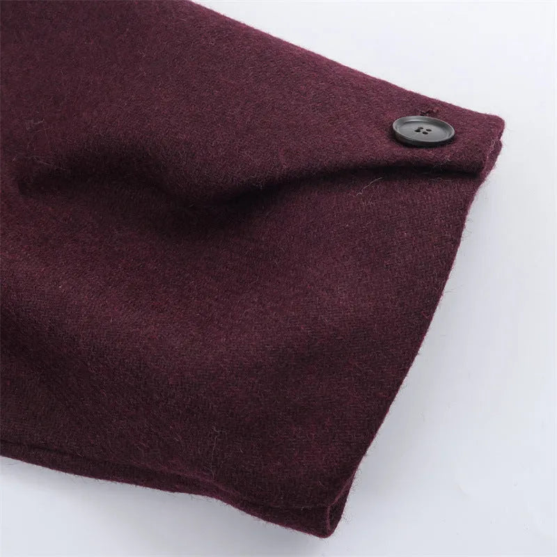 Women's all-match loose slimming long overcoat in wine red with spandex blend fabric for commute