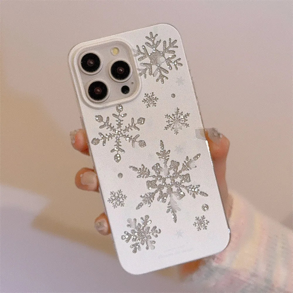 Apple iPhone TPU soft shell phone case in Glitter winter floating cream with painted autumn winter design