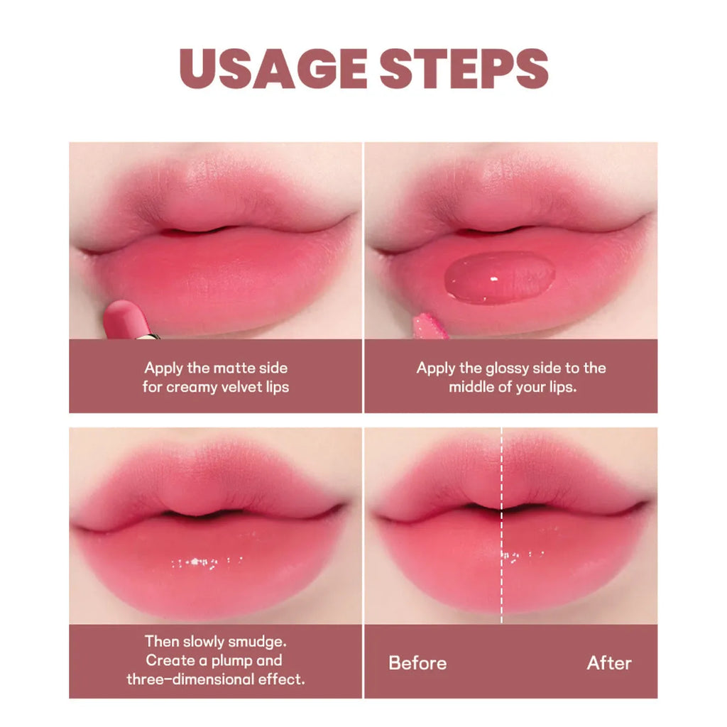 Double-ended lipstick and lip gloss set showing matte and glossy ends in one of ten available colour shades